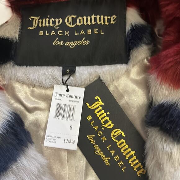 Juicy Couture Black Label Burgundy Stripe Faux Fur Button Coat Size Small - Picture 4 of 10